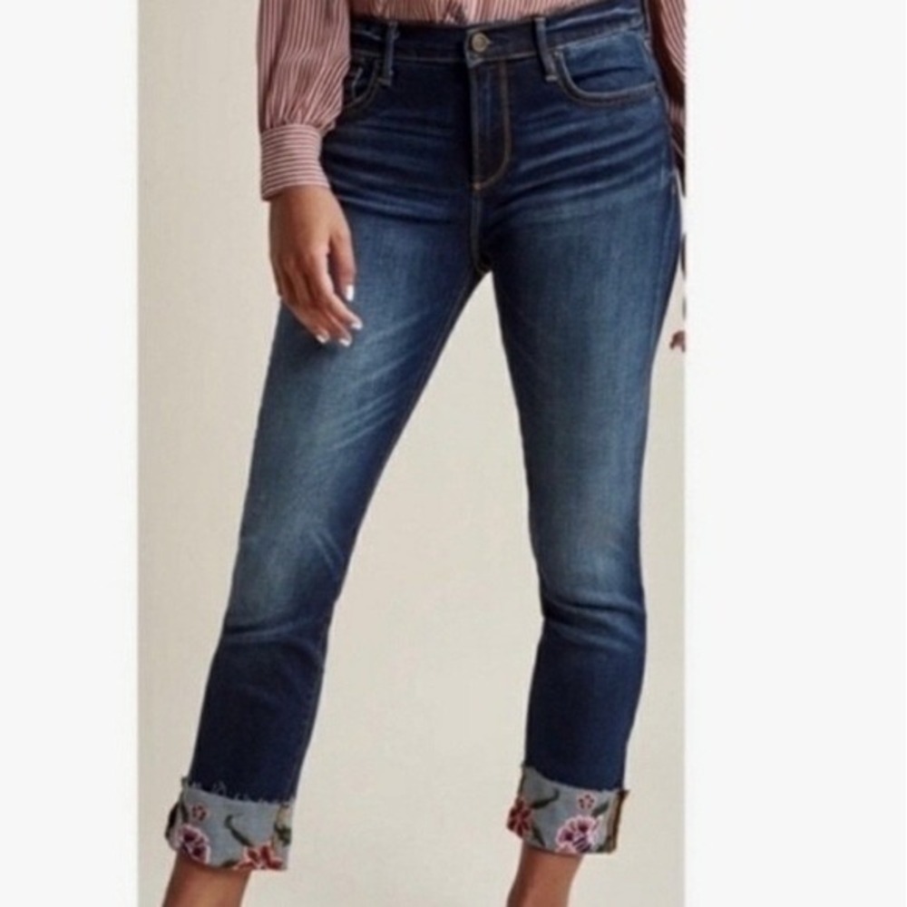 Driftwood Colette Floral Embroidered Cuffed Jeans Blue 25 High‎ Rise Crop